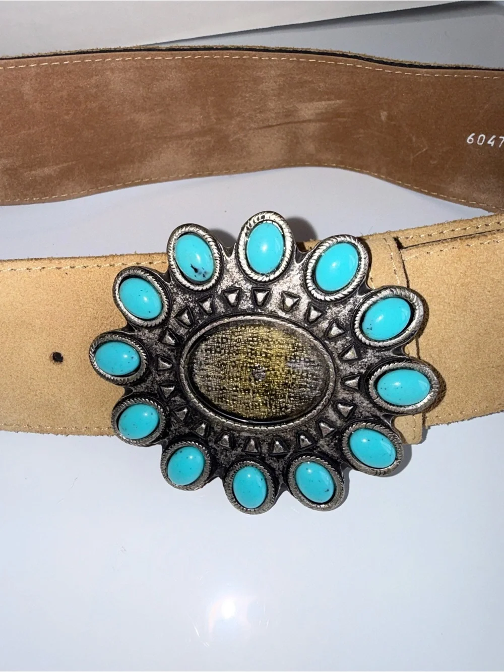 VINTAGE Western Southwest Leather and Turquoise Medallion Rodeo Cowgirl Belt L